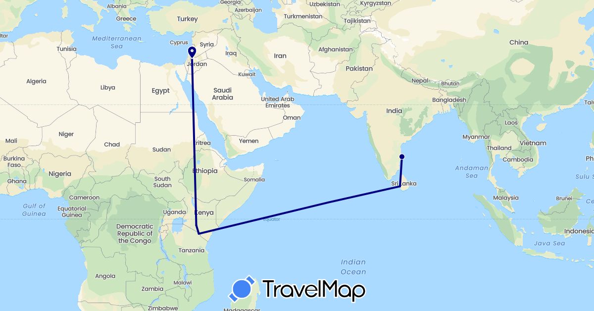 TravelMap itinerary: driving in India, Jordan, Kenya, Sri Lanka, Tanzania (Africa, Asia)